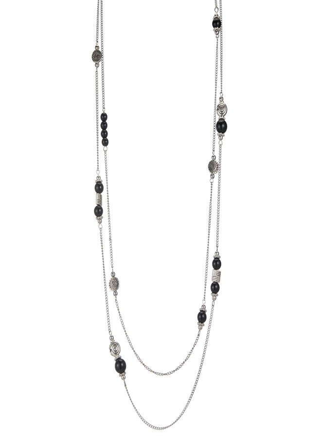 BULINLIN Layered Silver Long Necklace for Women Turquoise Stone Beaded Strand Sweater Chain Necklaces Fashion Costume Jewelry Gifts for Mom(Black) - Image 1